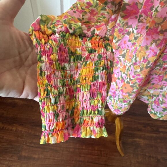 Terra Sky  Womens Peasant Top Plus 2X Pink Floral Shirred Cottagecore Lined Boho - Picture 7 of 16